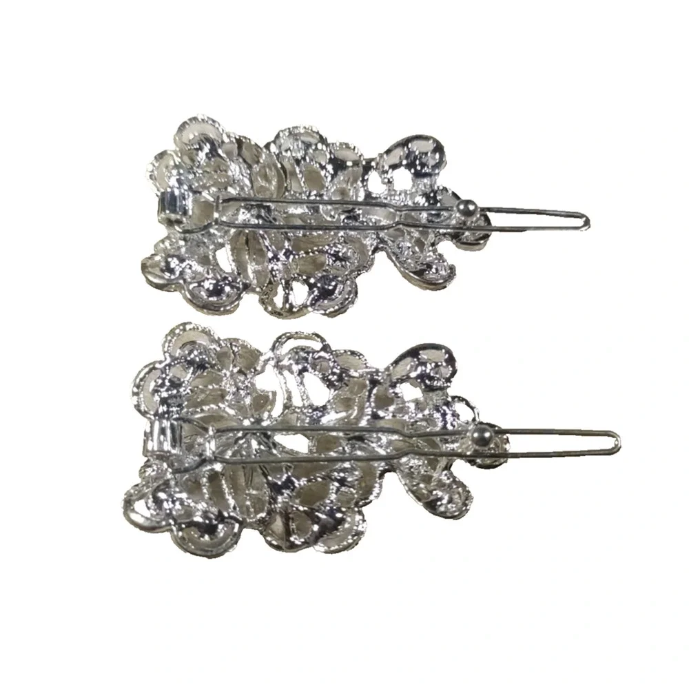 Lot Of 2 Hair Barrettes Silver Tone Rhinestones Fancy Color Different